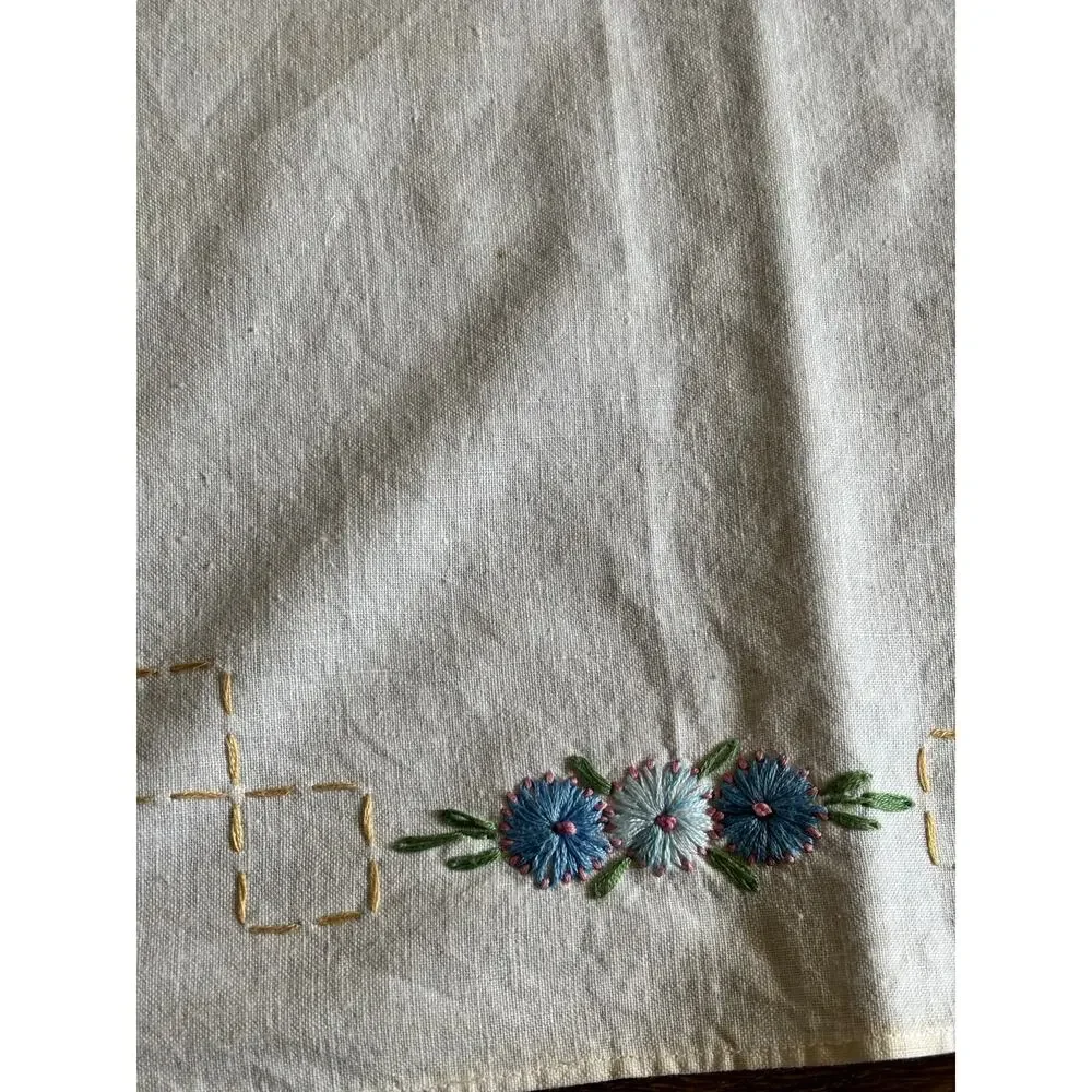 Antique Floral Embroidery Table Runner 16x39 White Cotton Rainbow Boho Scalloped